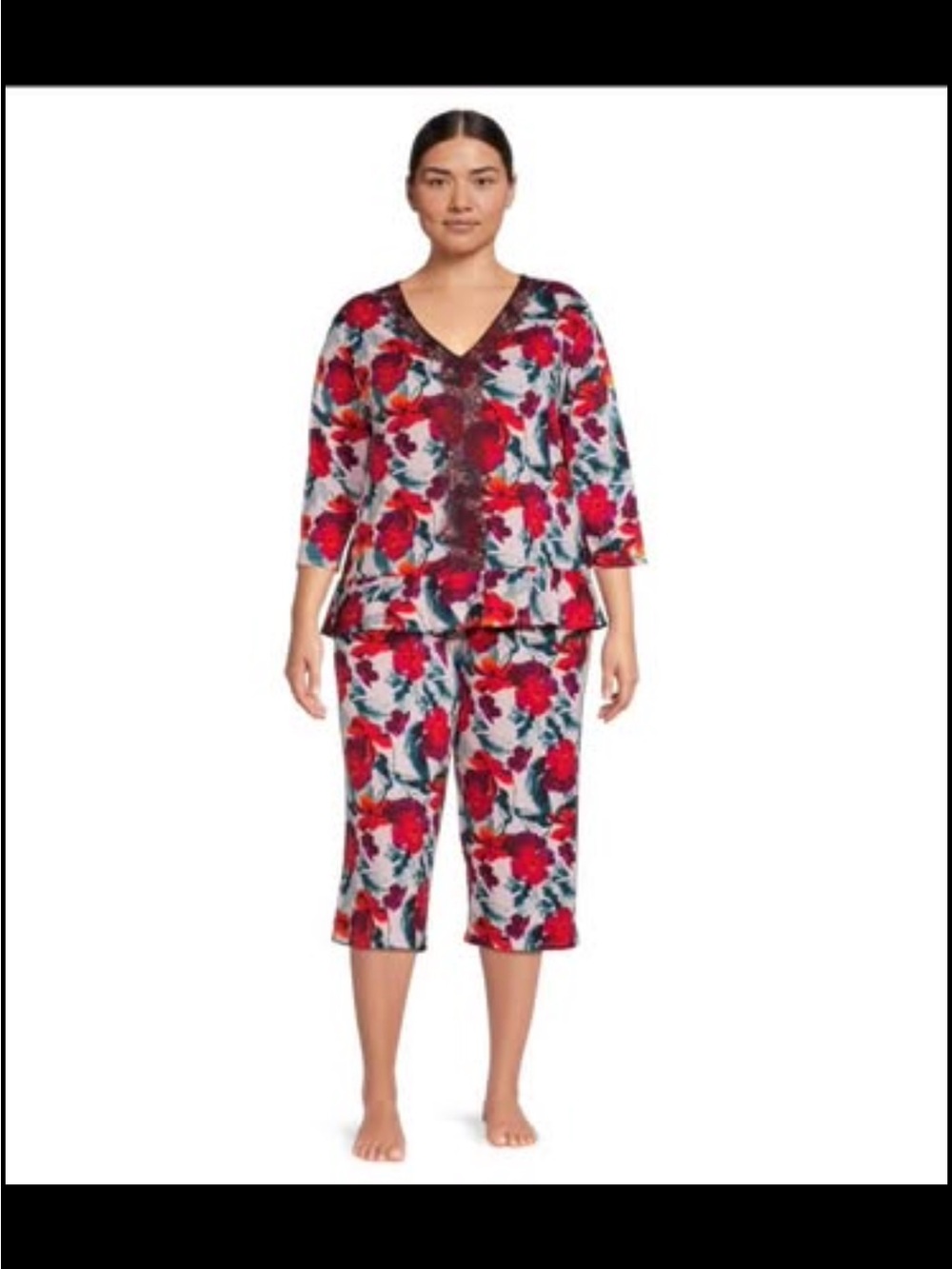 The Pioneer Woman Floral V-Neck Pajama Set in Red and Gray